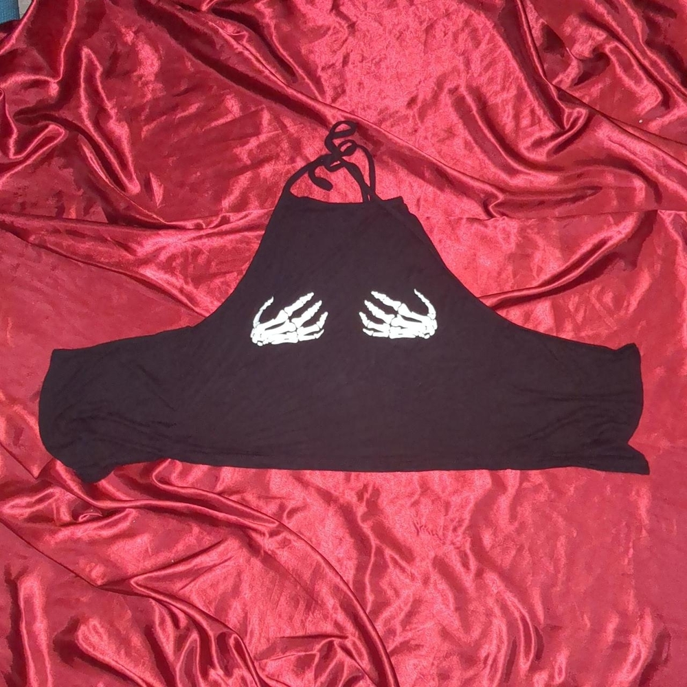 Black Halter Top with Skeleton Hand Design